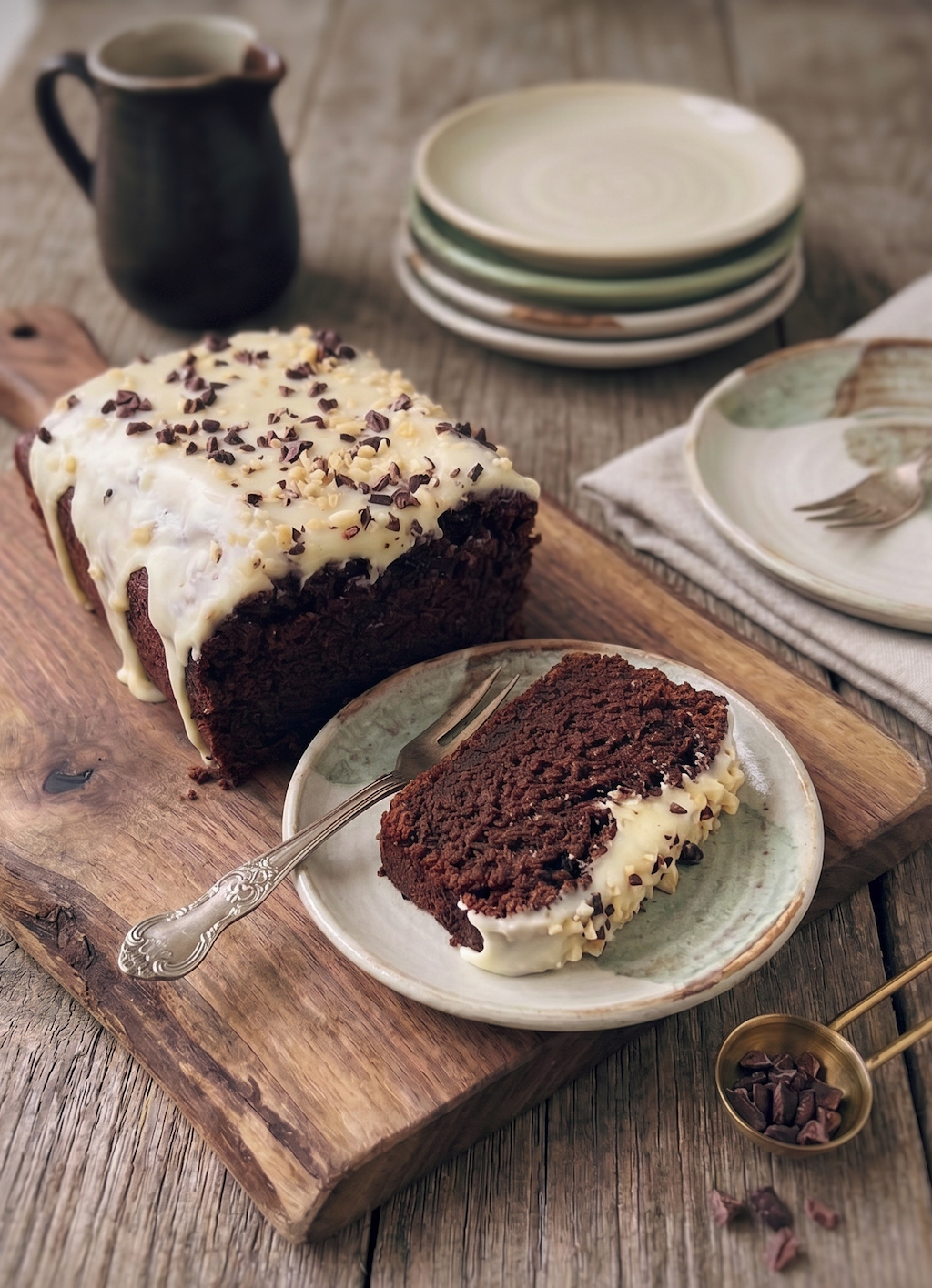 Fondant au chocolat sans gluten avec glacage blanc , tres fondant une part coupé dans une assiette posée sur une planche en bois