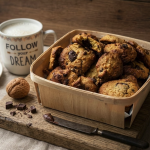 Cookies moelleux sans gluten au beurre de cacahuète et pépites de chocolat dans un recipient en bois avec un verre de lait sur le coté