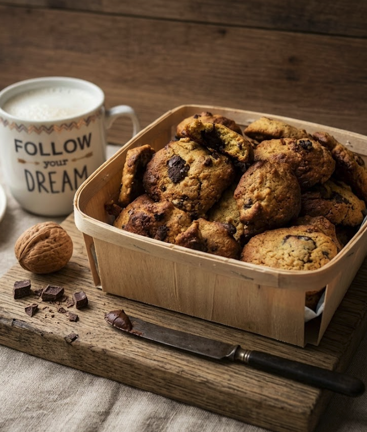Cookies moelleux sans gluten au beurre de cacahuète et pépites de chocolat dans un recipient en bois avec un verre de lait sur le coté