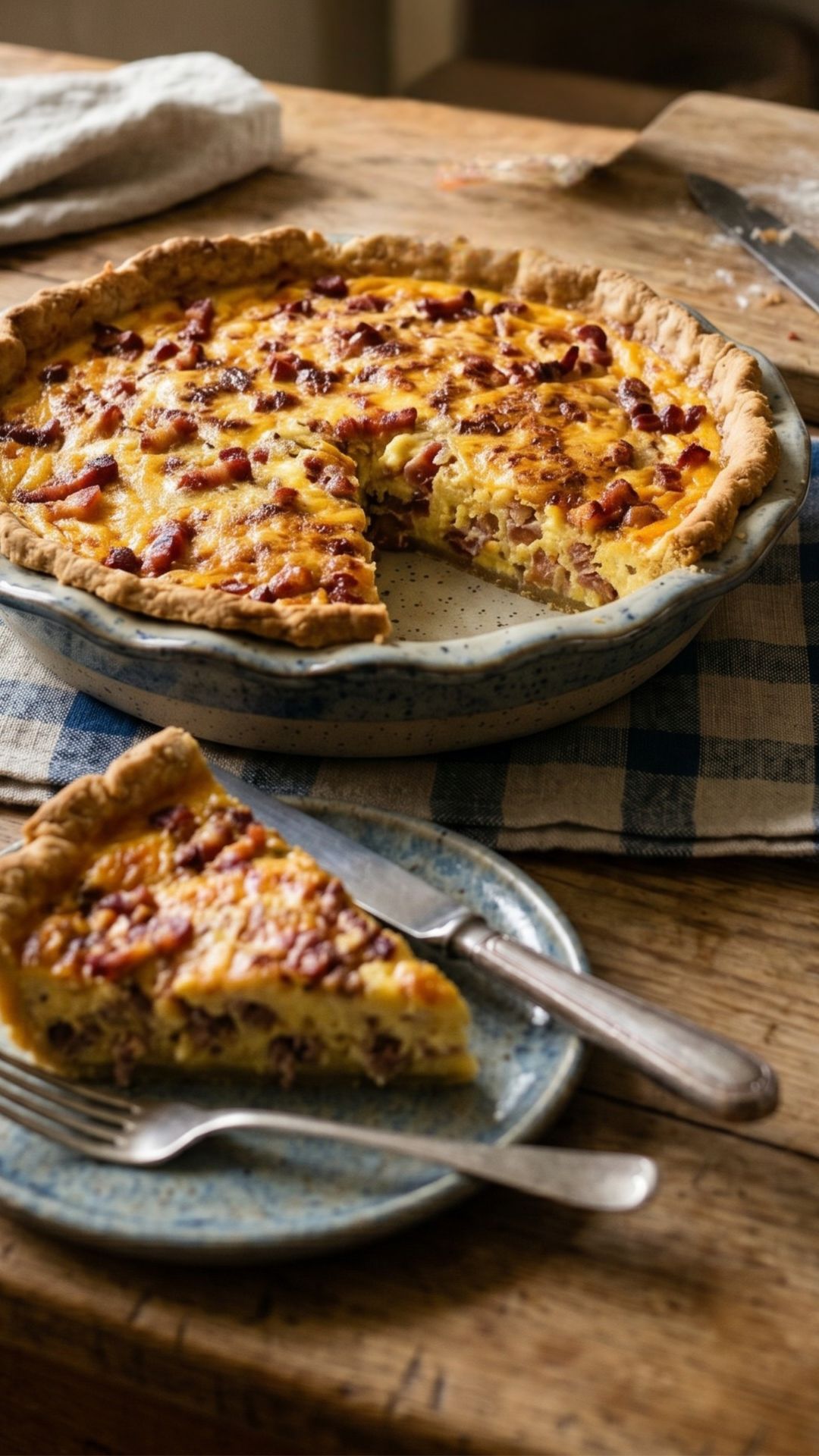 Quiche lorraine revisitée sans gluten dorée avec une part découpée révélant une garniture aux lardons et à la crème sur une planche en bois et une serviette a carreau