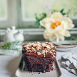 Gâteau chocolat amande sans gluten moelleux avec un nappage brillant et des amandes concassées