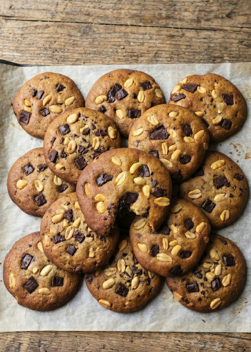 Cookies moelleux sans gluten avec farine de sarrasin beurre de cacahuète morceaux de chocolat et cacahuètes grillées sur planche en bois