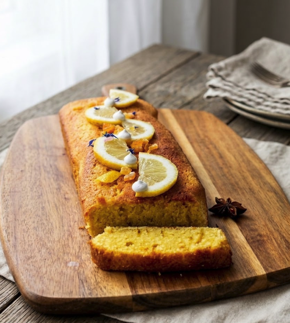 Moelleux au citron sans gluten fondant avec beurre fondu, farine de riz et poudre d'amande, tranché sur planche en bois