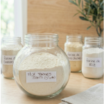 Mix de farines sans gluten maison dans un bocal en verre avec farine de pois chiches, farine de riz, farine de sarrasin et fécule