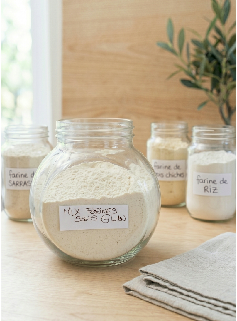 Mix de farines sans gluten maison dans un bocal en verre avec farine de pois chiches, farine de riz, farine de sarrasin et fécule
