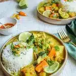 Colombo de légumes sans gluten au lait de coco avec carottes courgettes pommes de terre et riz blanc dans un bol