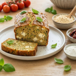 Tranches de cake salé sans gluten à la courgette et à la feta fraîchement coupé, décoré de feuilles de basilic frais
