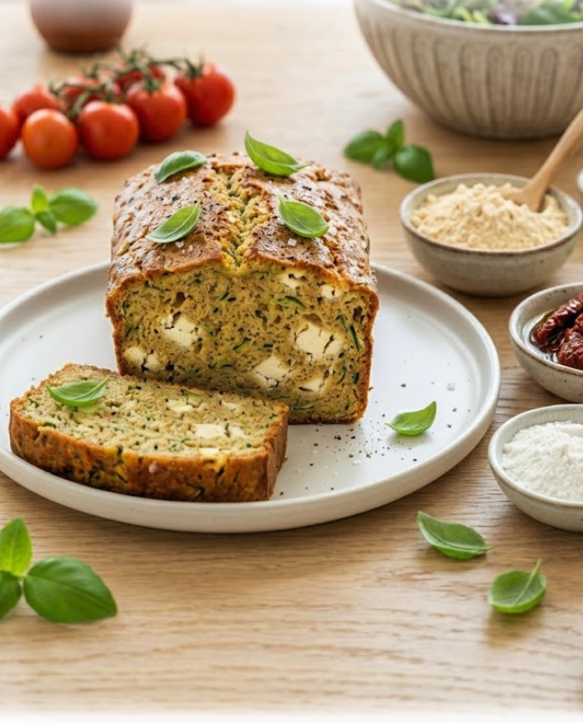 Tranches de cake salé sans gluten à la courgette et à la feta fraîchement coupé, décoré de feuilles de basilic frais