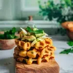Gaufres à la patate douce sans gluten dorées croustillantes avec farine de pois chiche coriandre fraîche et purée de patate douce
