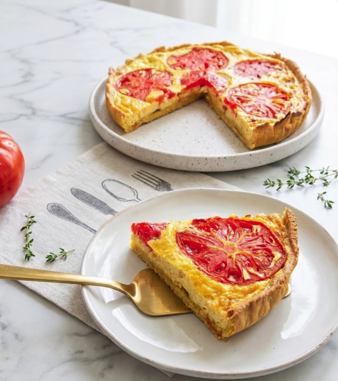 Quiche à la tomate sans gluten avec pâte brisée au lupin, rondelles de tomate et appareil crémeux au fromage, part coupée sur assiette blanche