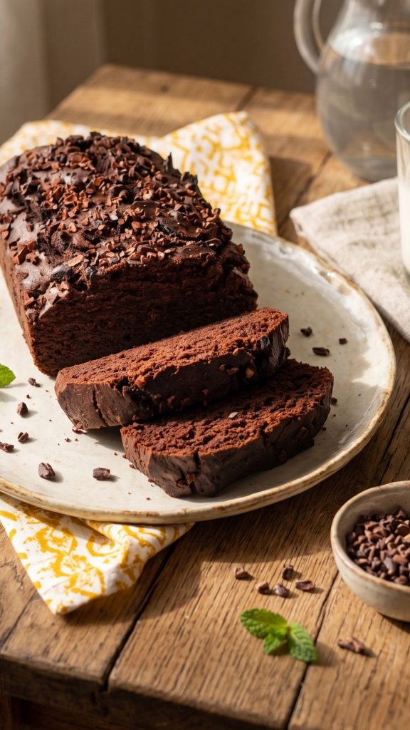 Gâteau chocolat courgette sans gluten fondant avec chocolat noir farine de sarrasin farine de noix et courgette râpée tranché sur planche en bois