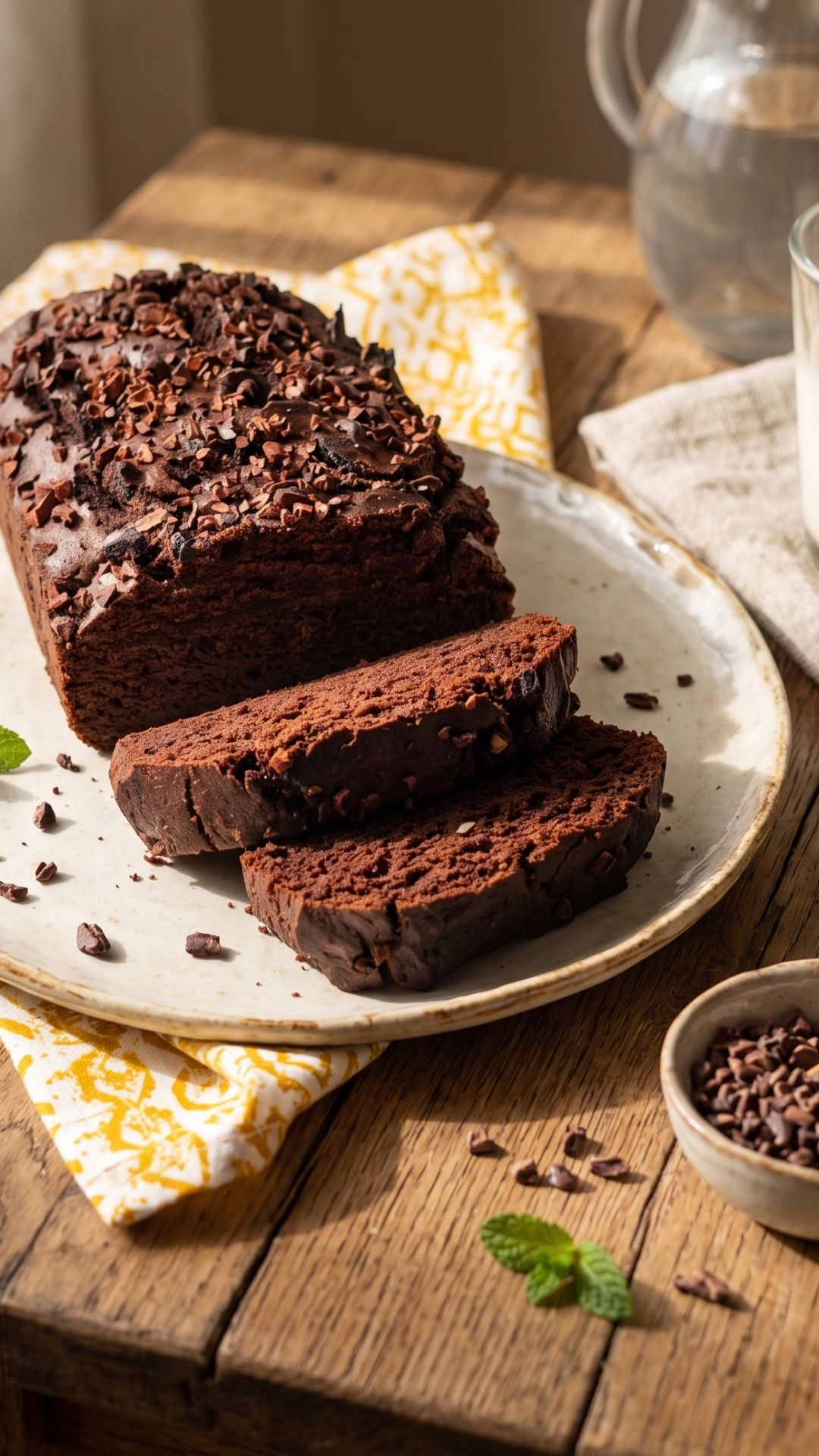 Gâteau chocolat courgette sans gluten fondant avec chocolat noir farine de sarrasin farine de noix et courgette râpée tranché sur planche en bois