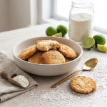 Biscuits moelleux à la noix de coco sans gluten dorés empilés dans un bol sur une table avec des citron vert , un bocal de farine de coco sans gluten