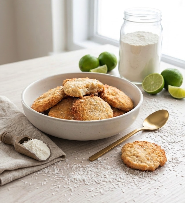 Biscuits moelleux à la noix de coco sans gluten dorés empilés dans un bol sur une table avec des citron vert , un bocal de farine de coco sans gluten