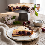 Tarte à la cerise sans gluten gourmande avec pâte sucrée pois chiches lupin et appareil crémeux aux cerises dorée au four