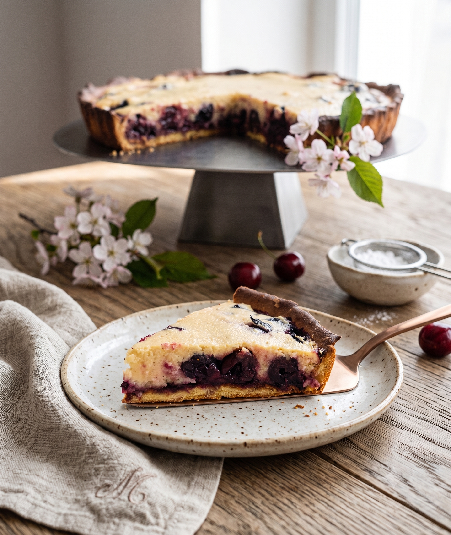 Tarte à la cerise sans gluten gourmande avec pâte sucrée pois chiches lupin et appareil crémeux aux cerises dorée au four