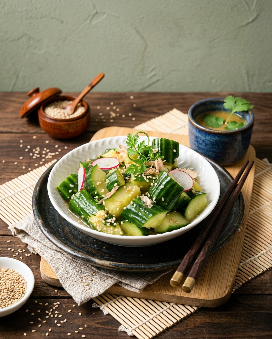 Salade de concombres à la japonaise écrasés avec marinade tamari sésame, graines de sésame et coriandre dans un bol blanc avec baguettes sur un fond bois