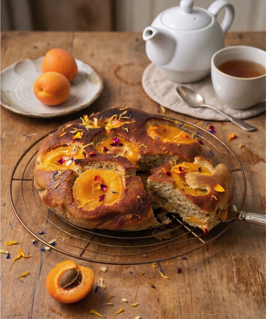 Gâteau moelleux à l'abricot sans gluten doré avec abricots caramélisés et fleurs comestibles sur grille de refroidissement
