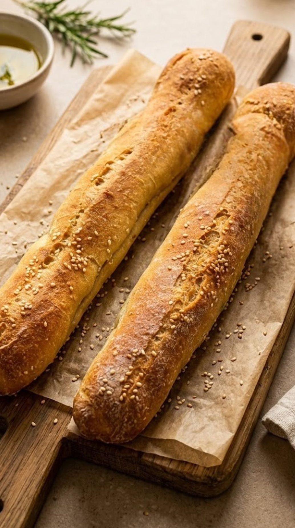 Baguettes de pain sans gluten croustillantes et dorées avec mix pain Schar graines de tournesol et incisions diagonales