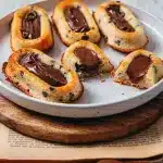 Financiers tigrés sans gluten moelleux aux pépites de chocolat avec un cœur généreux de pâte à tartiner sur une assiette blanche