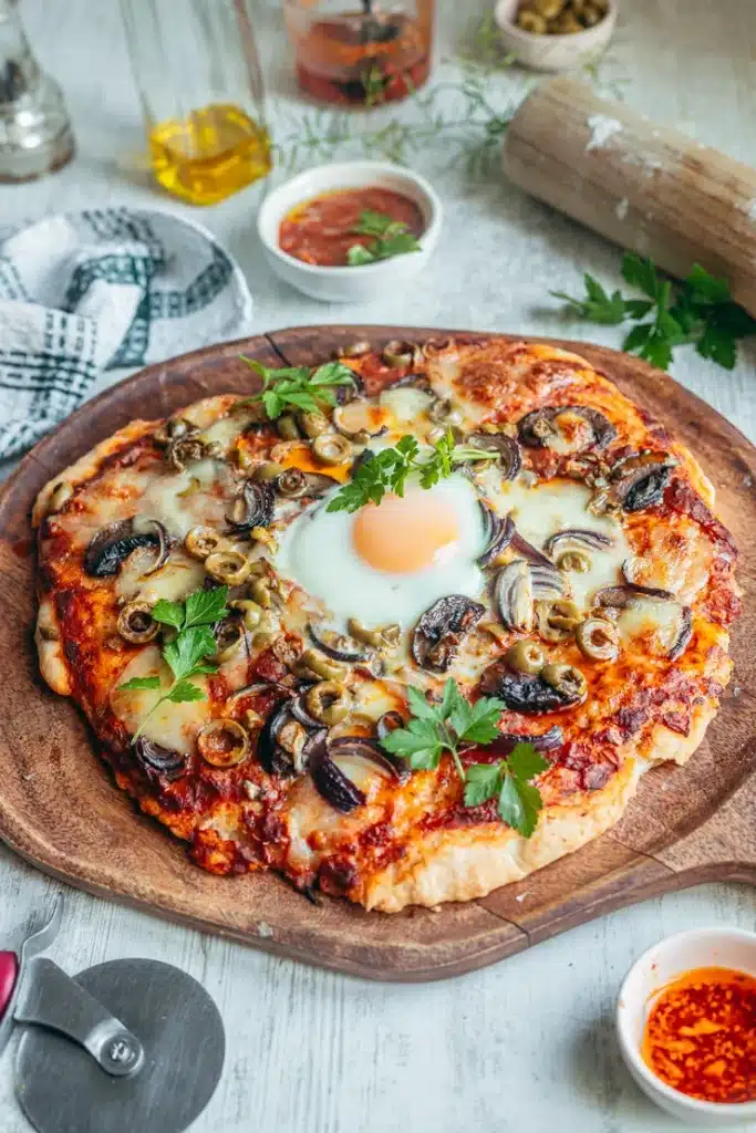 Pâte à pizza moelleuse sans gluten garnie de champignons olives oeuf et persil frais sur planche en bois