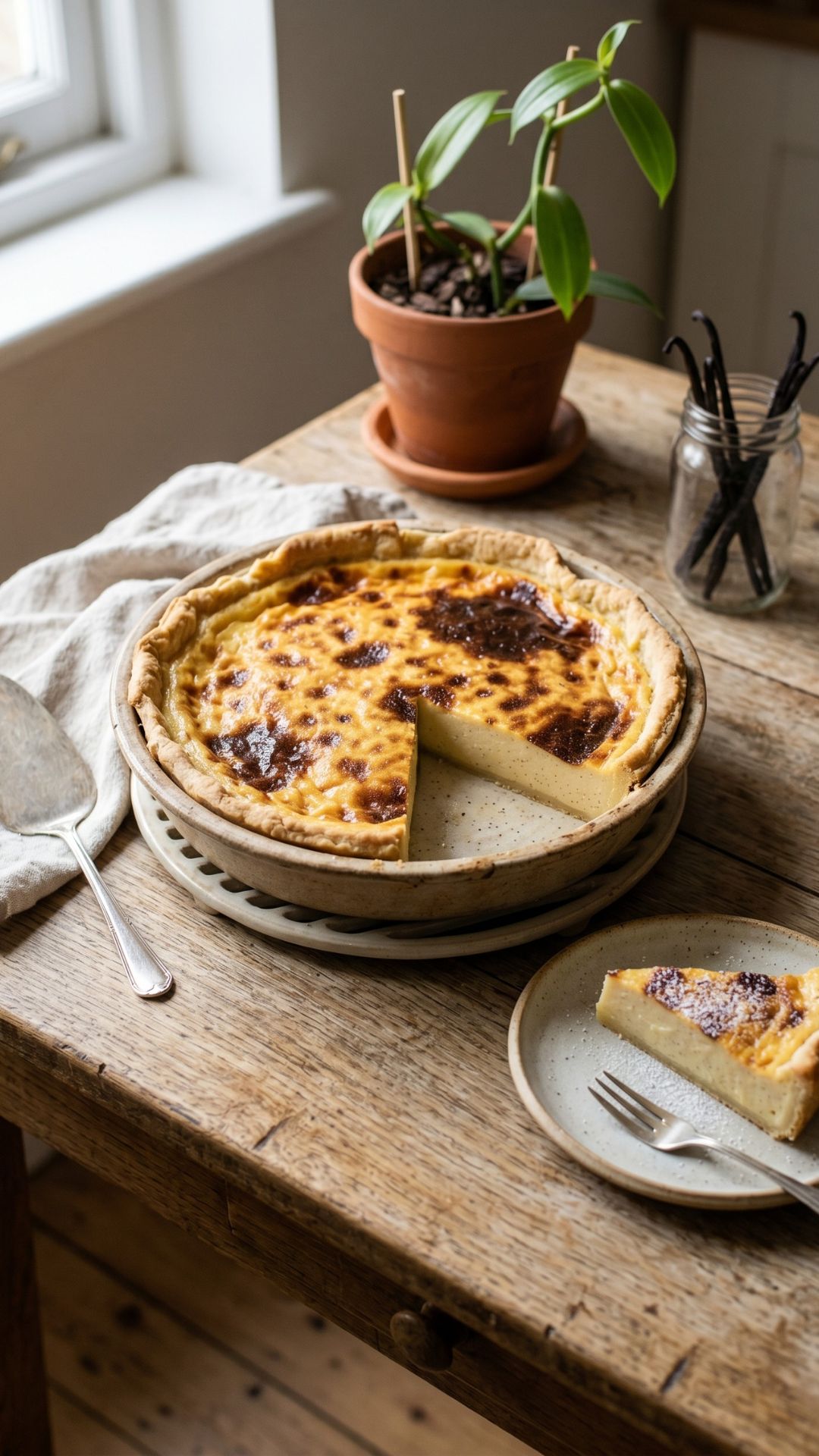 hotographie culinaire verticale et lumineuse d'un flan pâtissier fait maison, sans gluten et sans lactose, présenté sur une table en bois rustique. Le flan entier, doré et légèrement caramélisé sur le dessus, est disposé dans un plat en céramique. Une part individuelle est servie à côté sur une petite assiette, révélant une crème de couleur crème parsemée de grains de vanille. En arrière-plan, on aperçoit une plante verte en pot et des gousses de vanille dans un bocal en verre près d'une fenêtre.