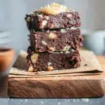 Brownie sans gluten aux haricots blancs fondant au chocolat noir et beurre de cacahuète avec noix torréfiées empilés sur planche en bois