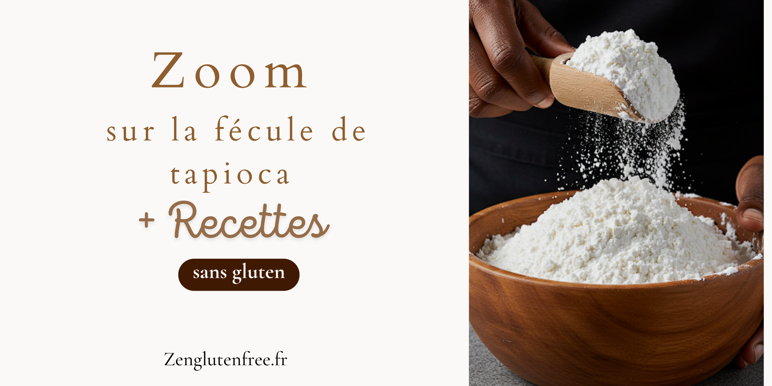 photo de fécule de tapioca disposée dans un bol avec quelqun qui souleve une cuillere pleine de fécule. Ecris sur le coté zoom sur la fécule de tapioca sur la fécule