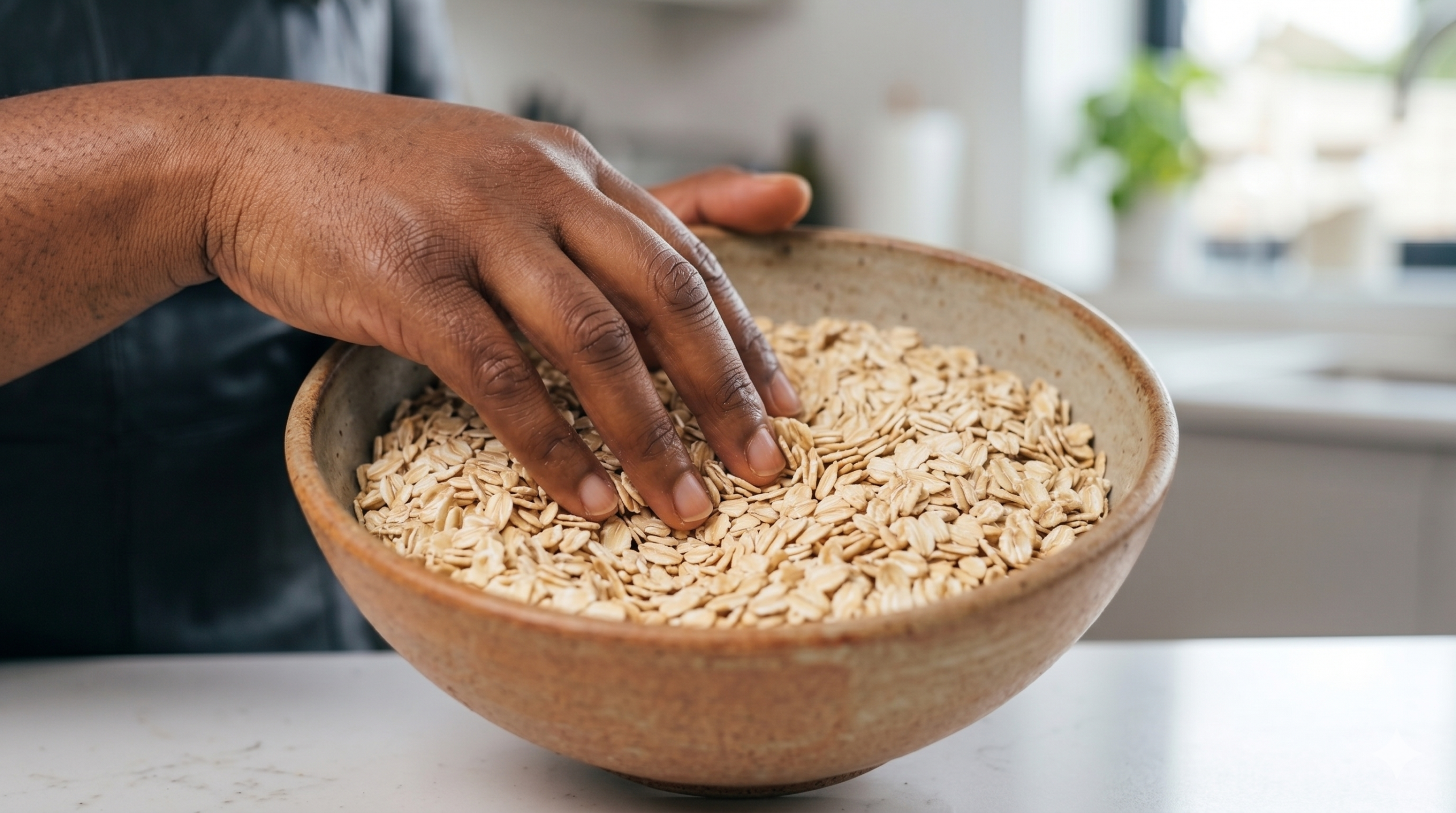 Flocons d'avoine sans gluten, Avoine certifiée sans gluten, Oatmeal sans gluten, Gros plan sur des flocons d'avoine certifiés sans gluten, prêts à être utilisés dans des recettes., Bol en bois rempli de flocons d'avoine sans gluten, idéal pour un petit-déjeuner ou des préparations saines., Texture des flocons d'avoine sans gluten, ingrédient de base pour de nombreuses recettes sans gluten., I