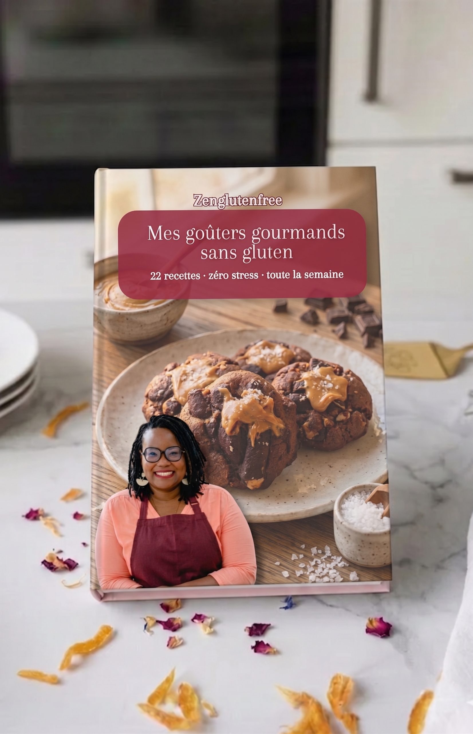 Photo d'un livre de recettes "Mes goûters gourmands sans gluten" posé sur un plan de travail en marbre