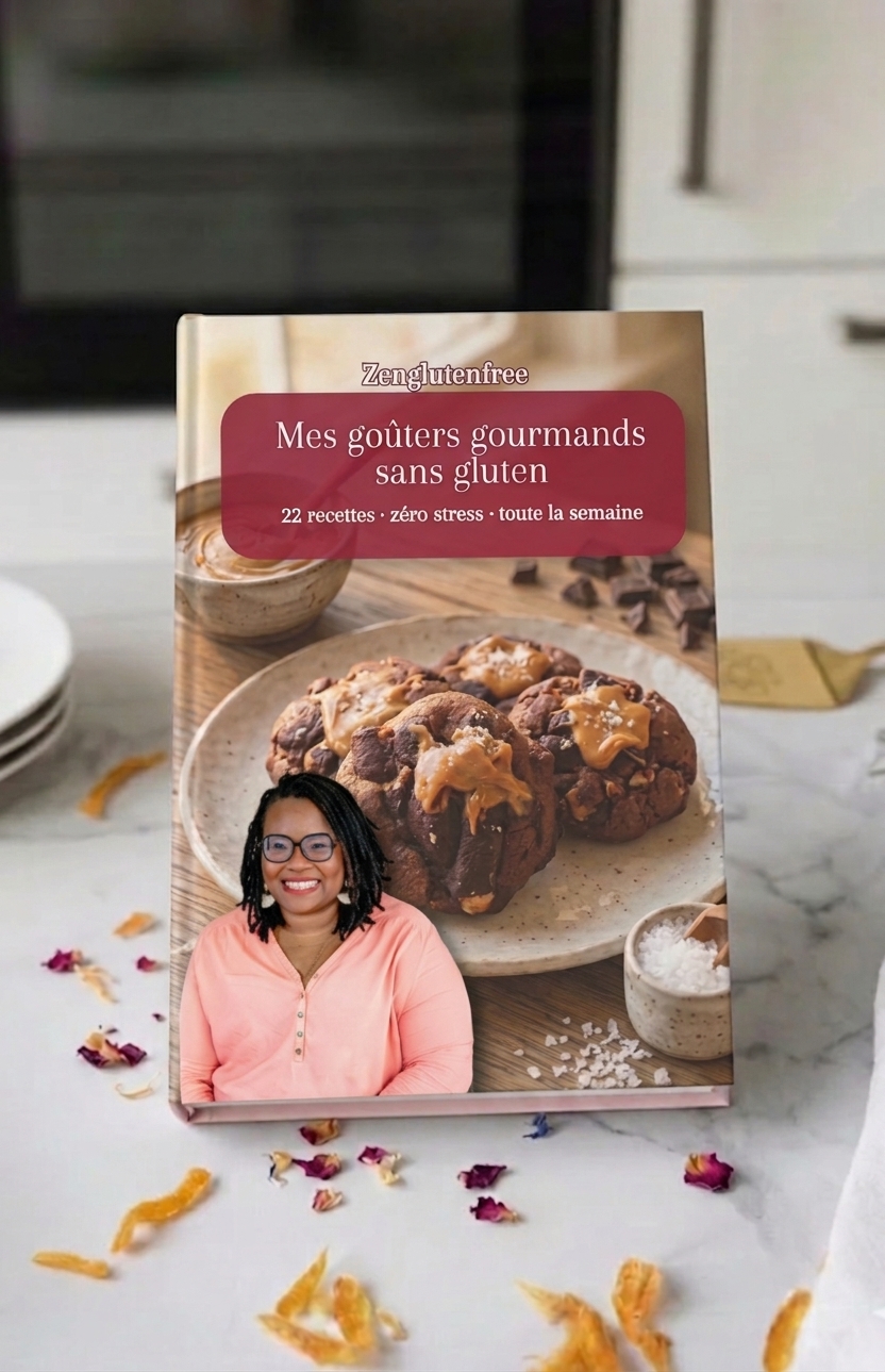 Photo d'un livre de recettes "Mes goûters gourmands sans gluten" posé sur un plan de travail en marbre